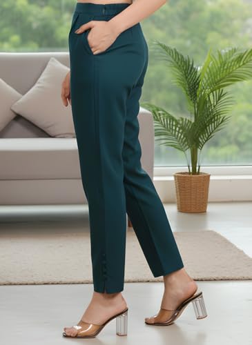 Yash Gallery Women’s Solid Crystal Teal Lycra Stretchable High-Waist Comfort Stretch Pants with Side Pockets | Soft Breathable Fabric | Stylish Casual & Office Wear Bottoms for All-Season Fashion