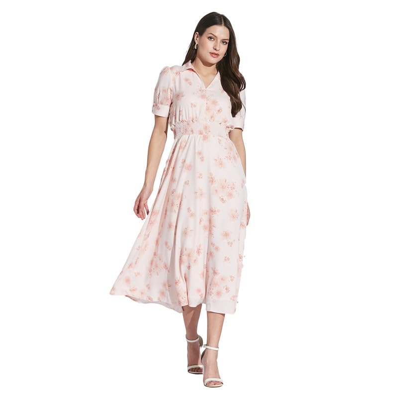 Latin Quarters Women Pink Shirt Collar Half Sleeve Floral Dress_M