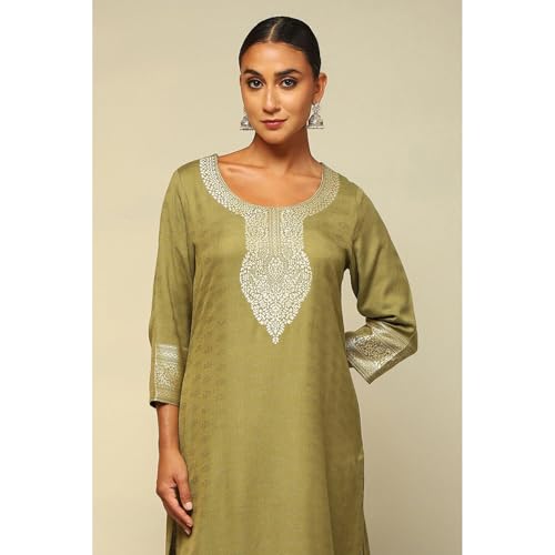 Rangriti Women Green Acrylic Straight Yarn Dyed Kurta Palazzo Suit Set_38