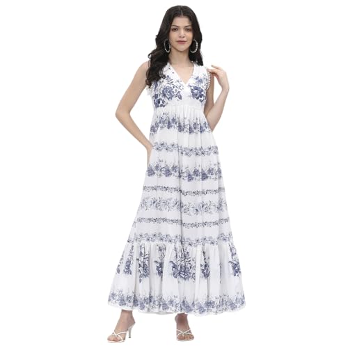 BIBA Women Off-White-Blue Cotton Tiered Printed Dress_36