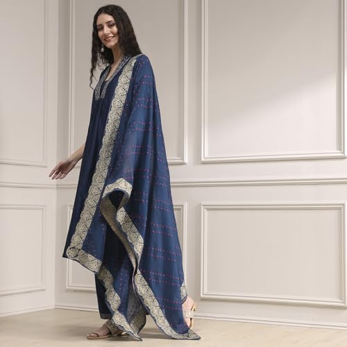 Biba Women Blue Chanderi Gathered Dyed Kurta Set_42