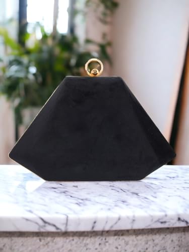 TOOBA Black Suede Clutch Bag for Women – Chic Synthetic Purse with Gold Frame & Chain Strap, Perfect for Formal Events, Dinners & Ethnic Outfits