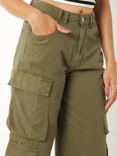 Max Women Solid Cargo Trousers (Green_26)
