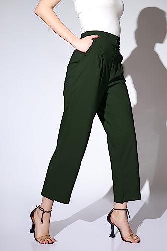 Leriya Fashion Trousers for Women || Solid Bi-Stretch Straight Trousers with 2 Front Pockets & Decorative Buckle || for Office || Casual || Professionals Wear Pleated Trousers (Medium, Green)