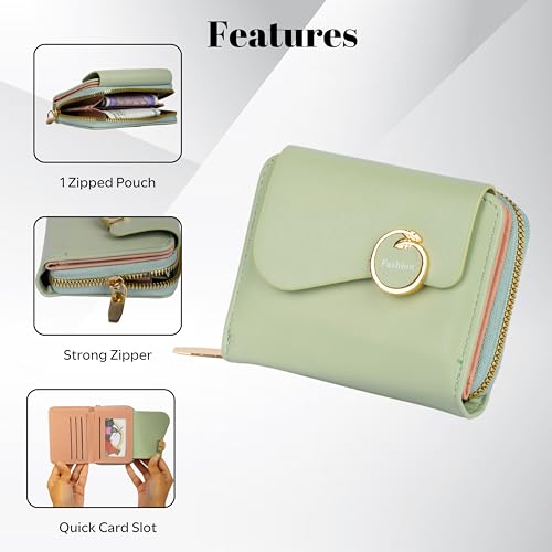 PRANIJ Small Leather Bifold Wallet for Women Fashion Compact Slim Credit Card Holder with Zipper Coin Pocket, Mini Clutch Purse for Girls (Pale Green)