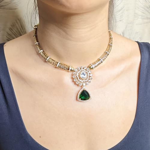 ZYRA JEWELS Micro Gold Plated Floral Necklace Set with American Diamond, Zircon & Moissanite Stones | Party Bling Luxury Designer Jewelry for Women & Girls (Emerald Green)