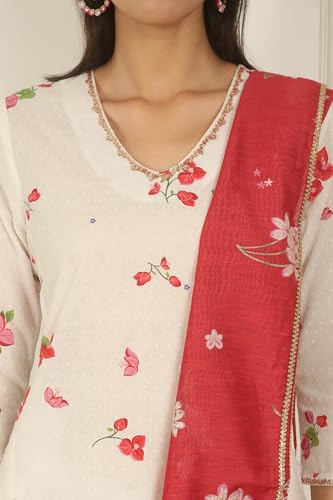 W for Woman Red Floral Printed Damini Dupatta With Lace