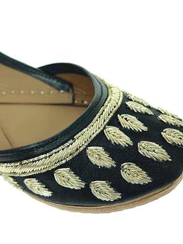 Fulkari Women's Dawka Patti Black Gold Soft Leather Embroidered Jutis | Bite and Pinch Free Jutti | Punjabi Formal Juttis | Girl's Wedding Flat Ladies Mojari | Formal Ethnic Juti | 42