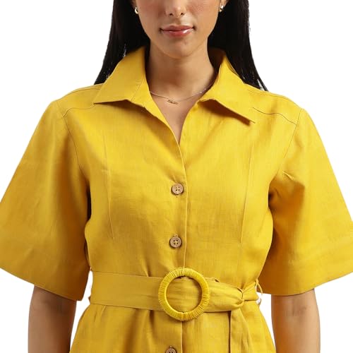 UNITED COLORS OF BENETTON Shirt Collar Solid A-Line Dress (Size: L)-25P4WVNDR150I901 Yellow