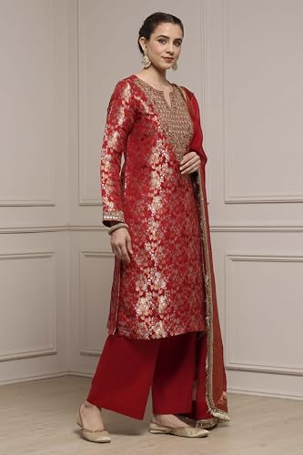 Biba Women Red Viscose Rayon Straight Yarndyed Suit Set_34