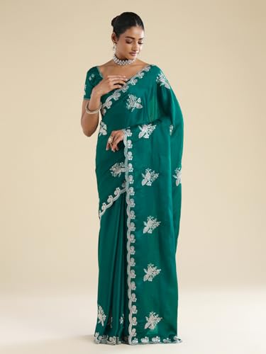 AKHILAM Women's Teal green Pure Chiffon Ethnic Motif Embellished Saree With Unstitched Blouse Piece (ANIKA2302_AG)