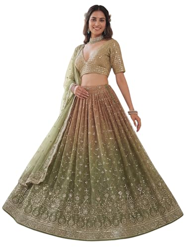 Zeel Clothing Women's Sequins Zari Embroidered Georgette Lehenga Choli With Dupatta (7086-Mahendi-Women-Lehenga-Choli, Free size) (Mahendi)