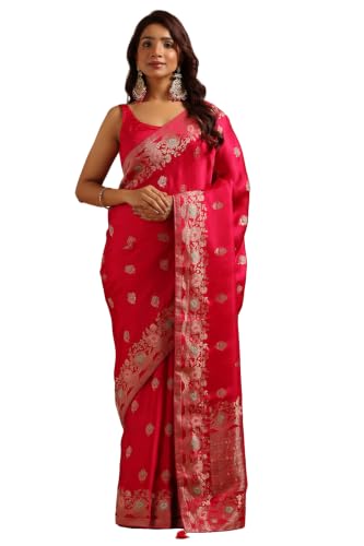 Soch Womens Fuchsia Satin Botanical Zari Woven Saree