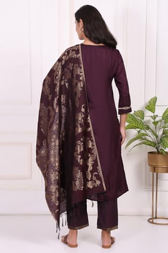 W for Woman Maroon Embroidered Silk Straight Kurta, Pants and Dupatta Set - (WS13298-224278-XL)