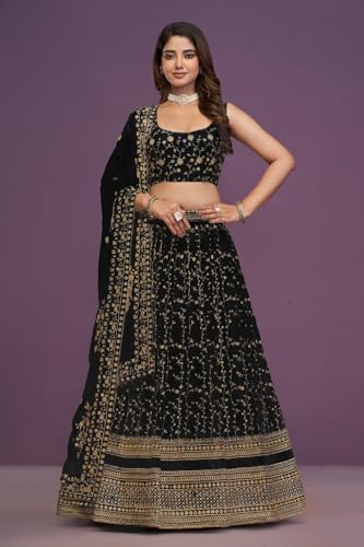 JIHU CULTURE Black Georgette Zari Embroidery Work Semi-Sttiched Lehenga Choli For Women (Black)