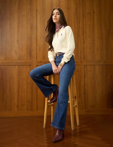 U.S. POLO ASSN. Women High Rise Extreme Flare Fit Jeans (UWAW25JEN392_Dark Blue_28)