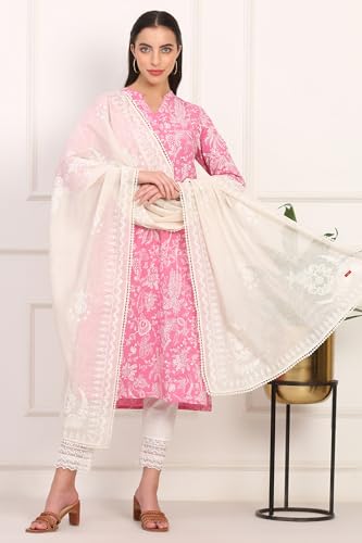 W for Woman Printed Lace Embellished Woven Ecru Dupatta