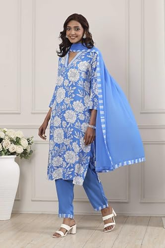 Biba Women Blue Viscose Rayon Straight Suit Set_34