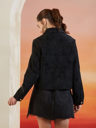 Latin Quarters Women's Black Solid Full Sleeves Collar Neck Casual Jacket_XL