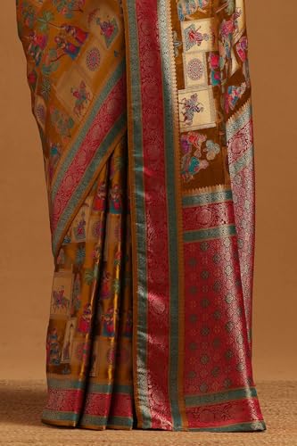 Soch Womens Mustard Satin Ethnic Motif Saree With Zari Woven