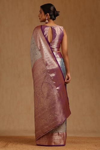 Soch Womens Powder Blue Silk Blend Floral Zari Woven Saree
