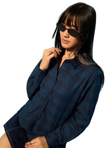 The Souled Store Plaid Shirt: Blue Diamond Women and Girls Full-Length Sleeves Collared Navy Blue Geometric Print Cotton Regular Fit Breathable Lightweight Everyday All-Season Shirt