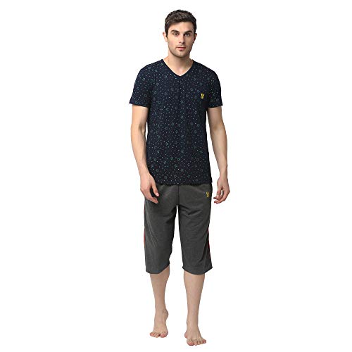 Mack JONNEY Cotton Blend Night Suit Co-ord Set for Men with V-Neck Half Sleeve T-Shirt and Capri-V_P1NVY_C2_ANT_02-XXL