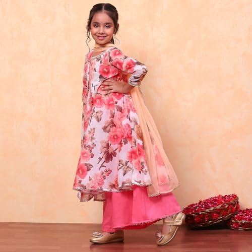 Biba Girls White Flared Poly Modal Printed Kurta suit set