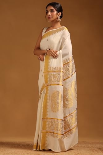 Soch Womens Cream Cotton Zari Woven Kasavu Saree