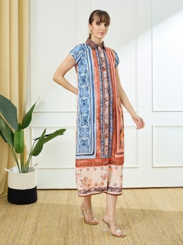 Latin Quarters Women's Rust Cap Sleeves Collar Neck Casual Printed Dress_S