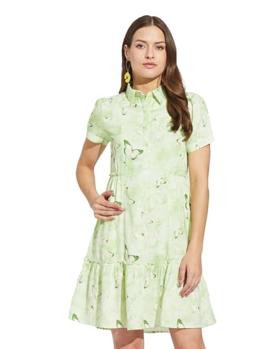 Latin Quarters Women Green Collar Neck Half Sleeves Printed Above Knee Shirt Dress for Casual Wear_M