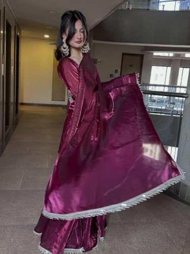 Women's Wine Kurti With Sharara And Dupatta, Silver Lace Border