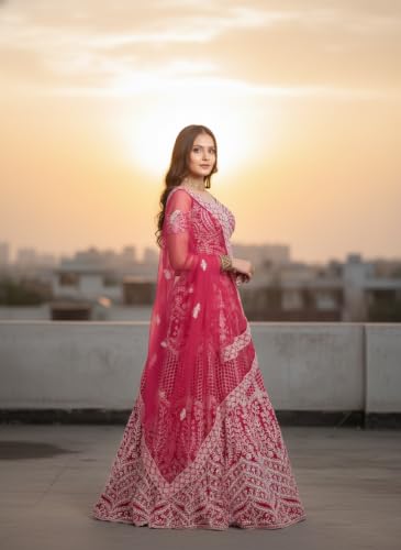 Women's Pink Net Embroidered Lehenga With Net Dupatta And Unstiched Choli