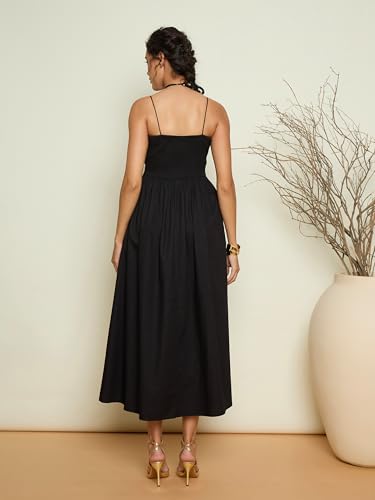 Pink Paprika by Sassafras Women Black Poplin Front Corsage Strappy Maxi Dress L