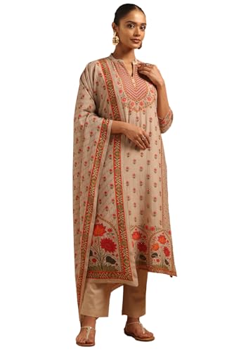 Soch Womens Beige Mul Chanderi Floral Salwar Suit With Hand Embroidery and Bead Details