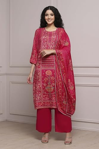 Biba Women Pink Viscose Rayon Straight Printed Suit Set_46