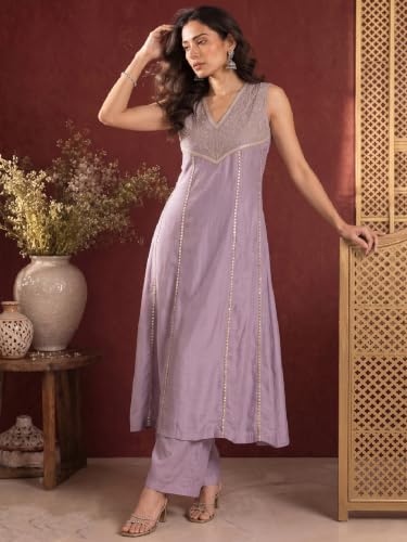 Varanga Women Lavender Kurta Set V Neck Sleeveless Silk Georgette