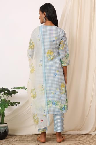 W for Woman Blue Checker Chanderi Straight Kurta, Pants and Dupatta Set (Size: S)-WS12497-125420