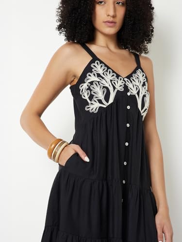Max Women Embroidered Tiered Midi Dress (Black_S)