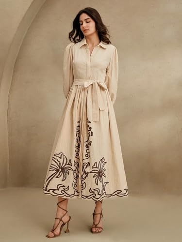 SMOWKLY Cotton Blend Women's Casual Embroided Dress Mid-Length Maxi Dress for Woman ||Stylish Frocks for Women ||One Piece Dress for Women || Long Midi Dress for Woman || Party & Beach Wear Cream