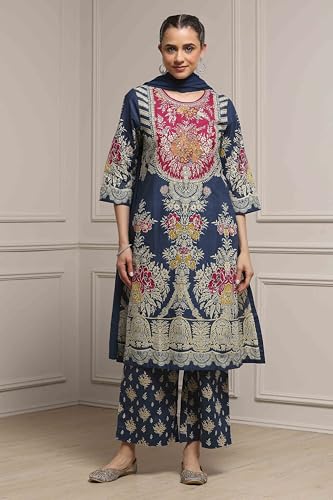 Biba Women Blue Cotton Straight Printed Suit Set_34