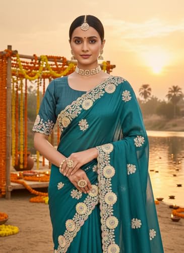 Glory Sarees Women's Silk Georgette Embroidery Work Saree With Blouse Piece (LF853_Teal)
