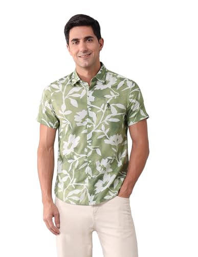 U.S. POLO ASSN. Denim Co. Men's Green Floral Printed Spread Collar Half Sleeve Casual Cotton Regular Fit Shirt (UDSHT1506_Green_39)