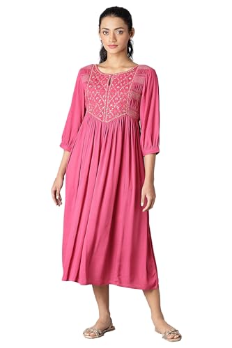W for Woman Women's Viscose Dark Pink Flared Dress with Thread Embroidery Calf Length (22FEW17494-217011_Fuscia 2XL)