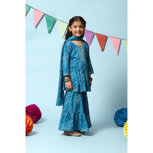 BIBA GIRL PRINTED FLARED KID(KW4948_TEAL BLUE_15)