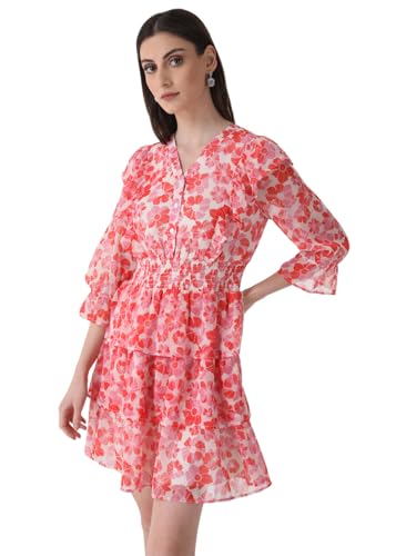 Kazo Women's Chiffon Fit and Flare Mini Dress (125459_Pink White Combo