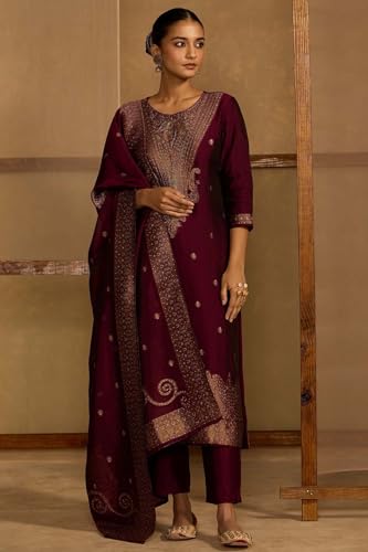 Soch Womens Wine Organza Zari Woven Suit Set With Cutdana