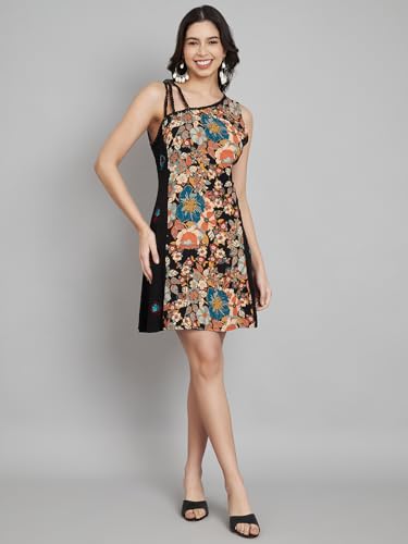 veldress21 Women Multicolor Short Mini Beachwear Flare Dress Summer Stylish Straps Embroidery Sides (in, Alpha, XL, Regular, Multi)