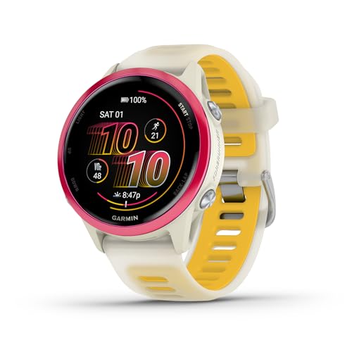 Garmin® Forerunner® 570, 42mm, Advanced GPS Running and Triathlon Smartwatch, AMOLED Display, Training and Recovery Features, Raspberry Aluminum with Translucent Bone/Mango Band