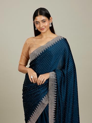 MOHEY Women's Satin Stone Work Saree(Teal Green)